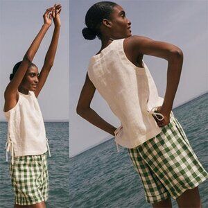NEW Amour Linen Shorts Mia Elastic Waistband Gingham Shorts Green Size: XS